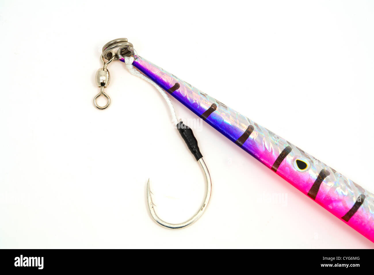 Colorful Jig showing Single Assist hook and swivel. Stock Photo