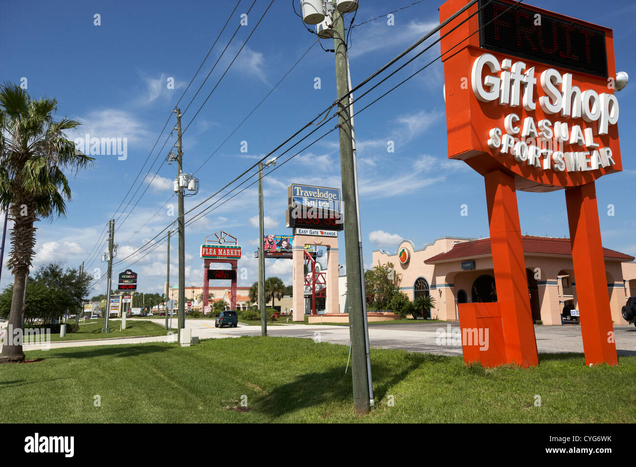 signs for gift shops hotels restaurants and shopping on highway 192 kissimmee florida usa Stock Photo