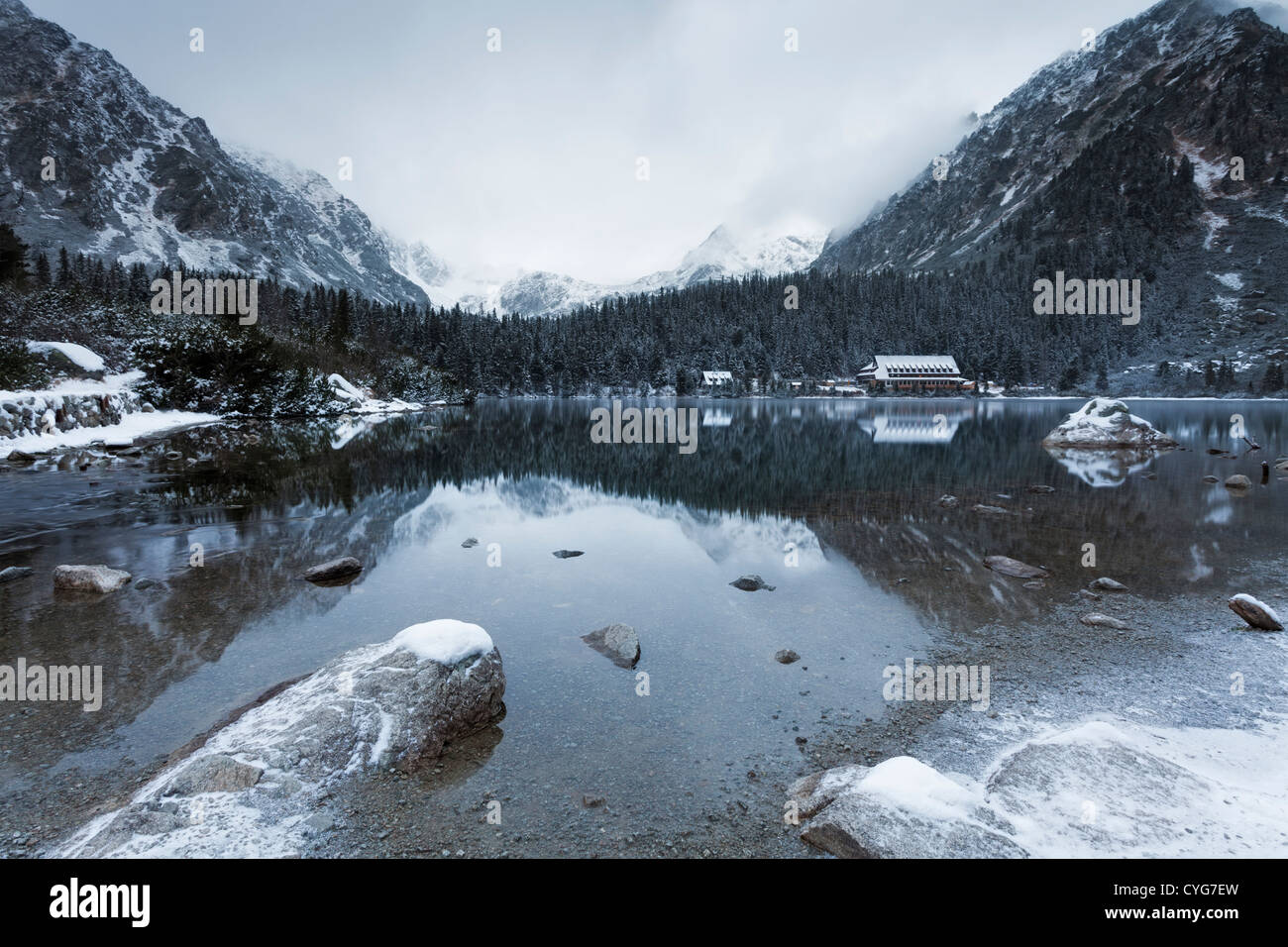 Popradske Pleso in Slovakia on a cold and snowy morning Stock Photo