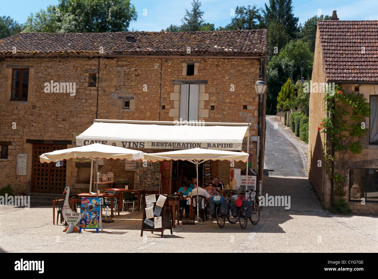 Shop and cafe in the village square at Le BuissondeCadouin, a village