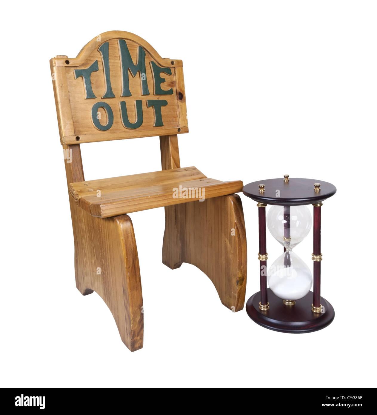 Hour glass used to measure time next to a time out chair - path included Stock Photo