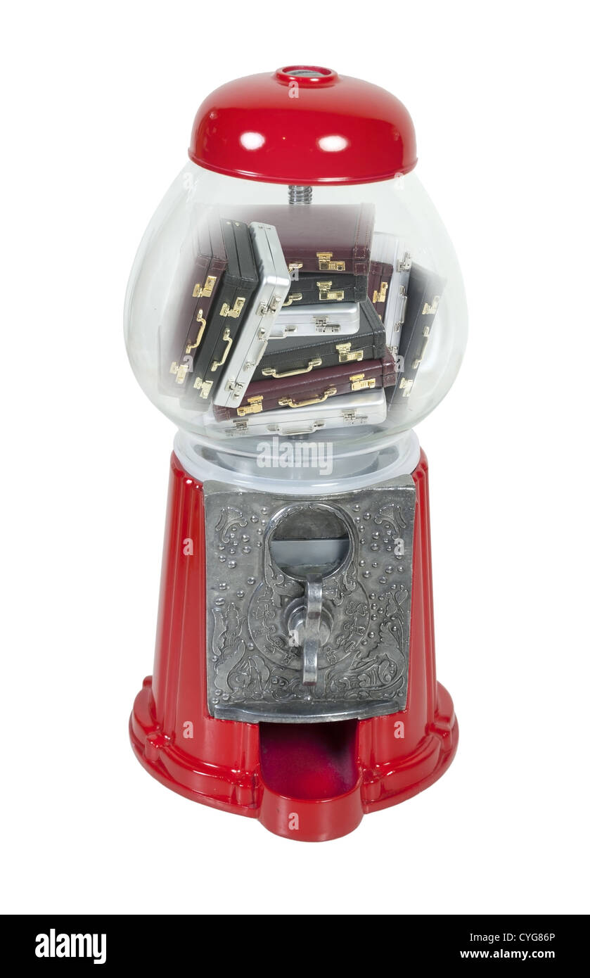 Job dispensing machine shown by briefcases in a gumball machine path