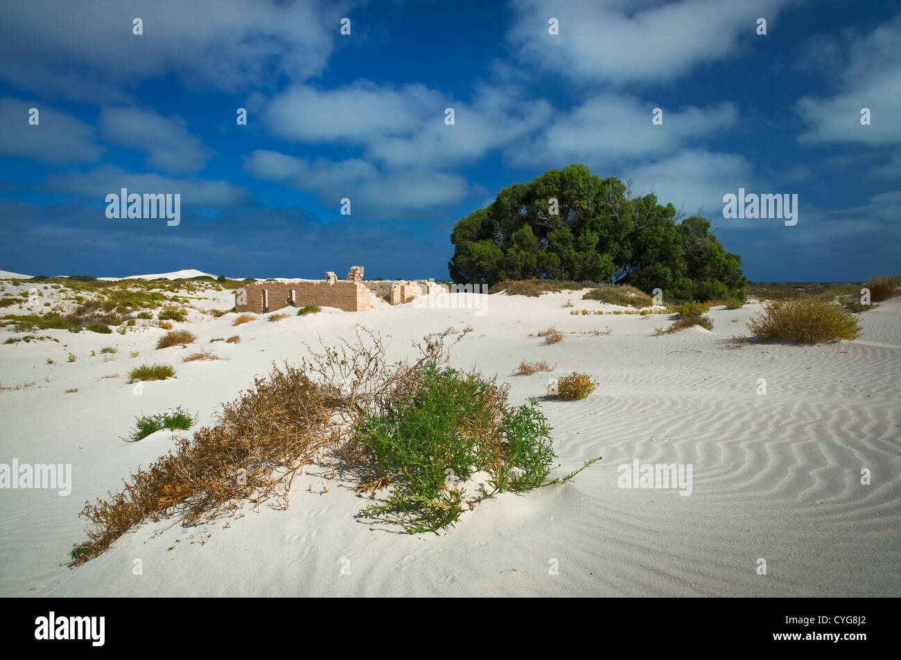Ruins of Eucla Telegraph Station covered in sand dunes. Stock Photo