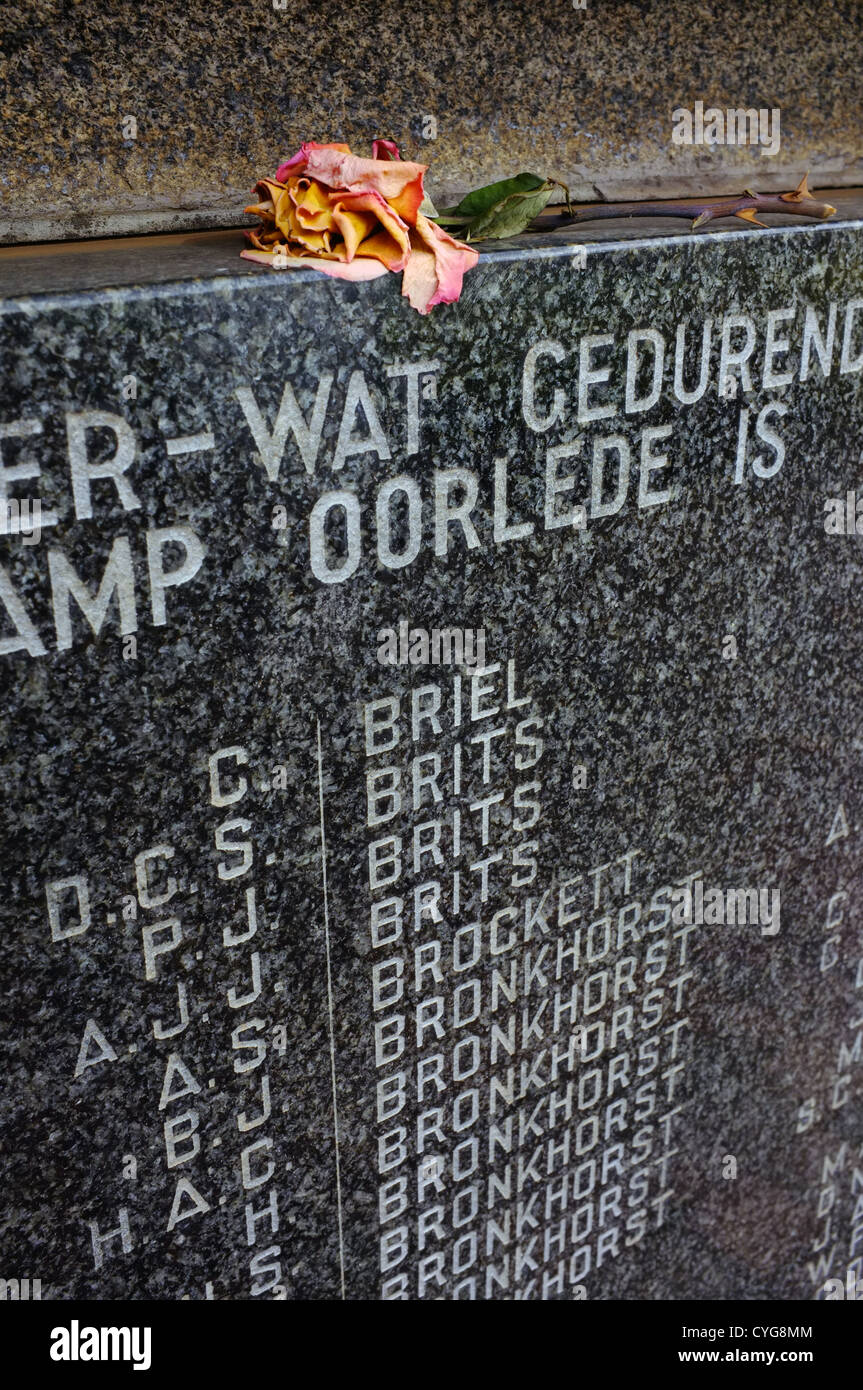 Names inscribed on the Irene Concentration Camp memorial in South Africa. Stock Photo