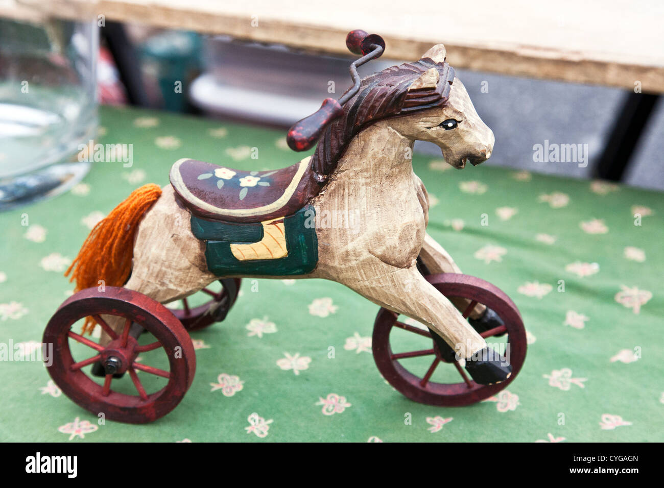 delightful folk art polychrome wood miniature hobby horse displayed for sale at 39th street weekend flea market Hells Kitchen Stock Photo