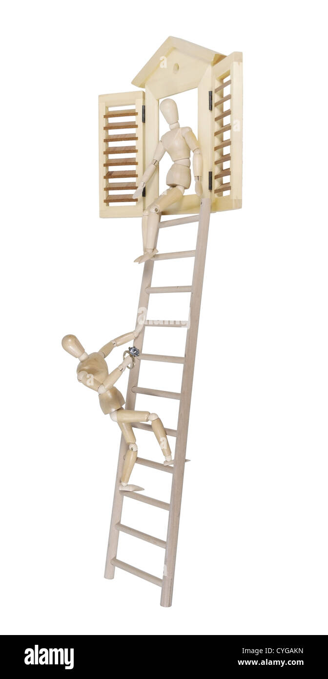 Climbing ladder to girlfriend in shuttered window to propose with diamond ring - path included Stock Photo