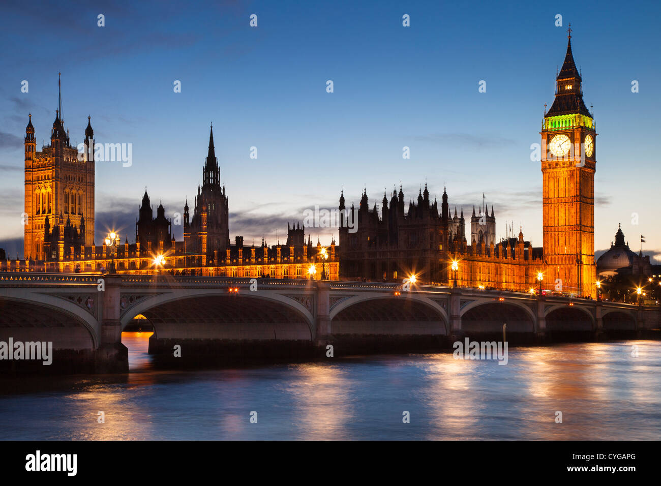 Big Ben Tower, House of Parliament Building and Westminster Bridge over River Thames, London England, UK Stock Photo