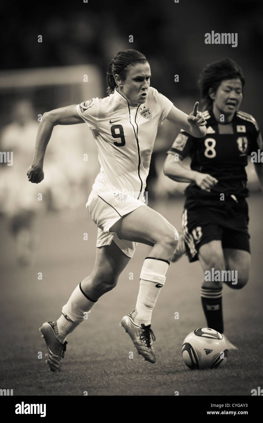 Heather O'Reilly of the United States drives the ball during the FIFA Women's World Cup final against Japan July 17, 2011. Stock Photo