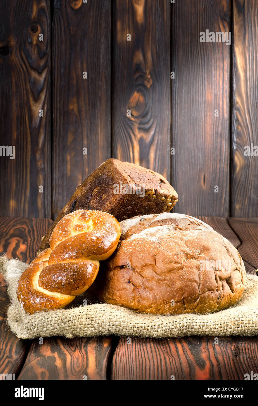 Bakery products on a wooden brown background Stock Photo