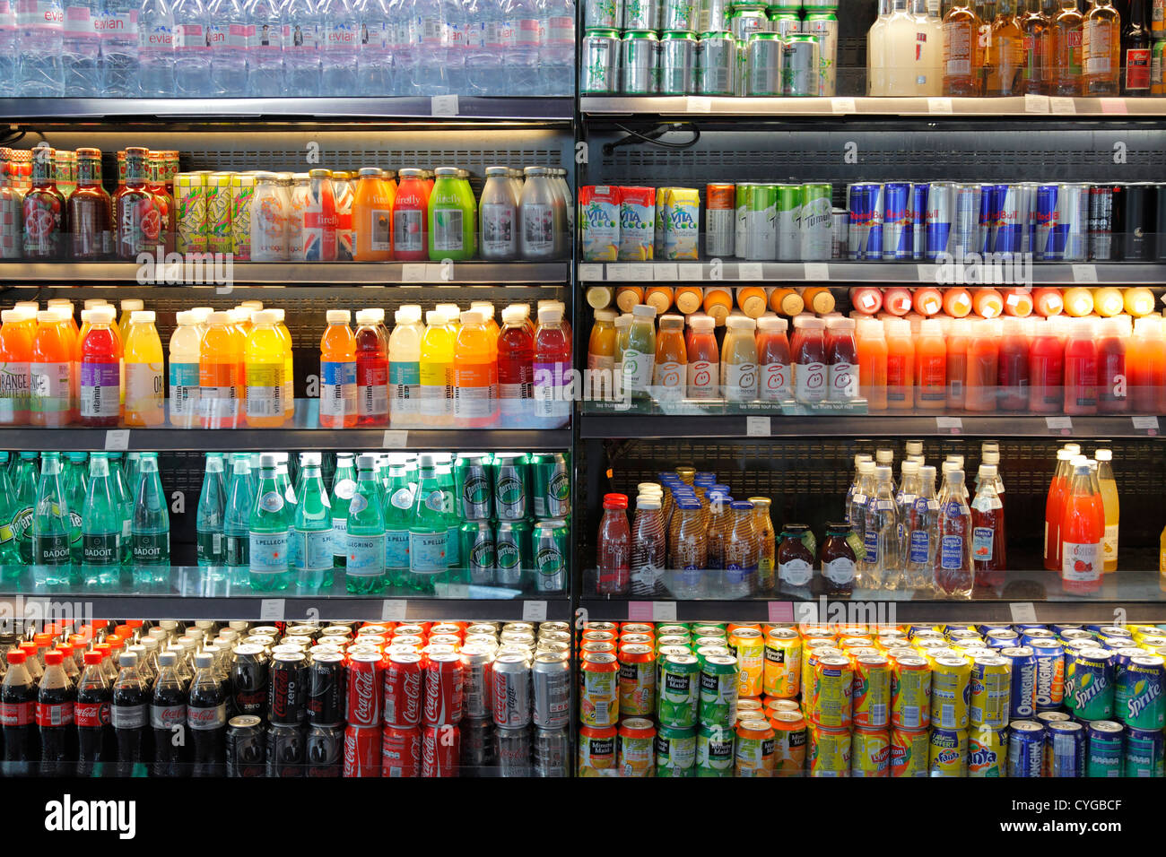 beverages in a fridge shelf Stock Photo