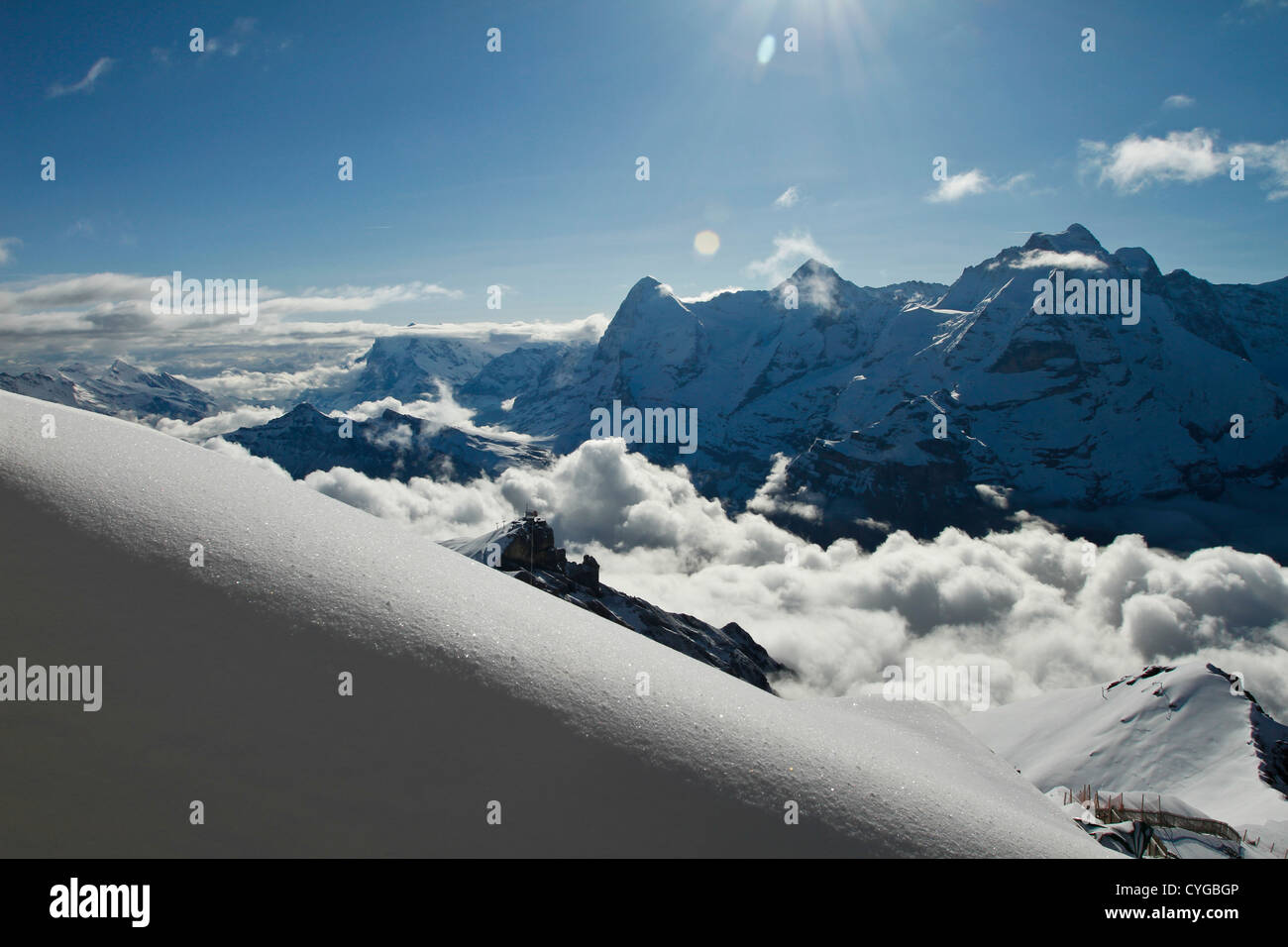 The Eiger , Monch, and Jungfrau Range. Swiss Alps, Berner Oberland. Views from Piz Gloria atop the Schilthorn Mountain Stock Photo