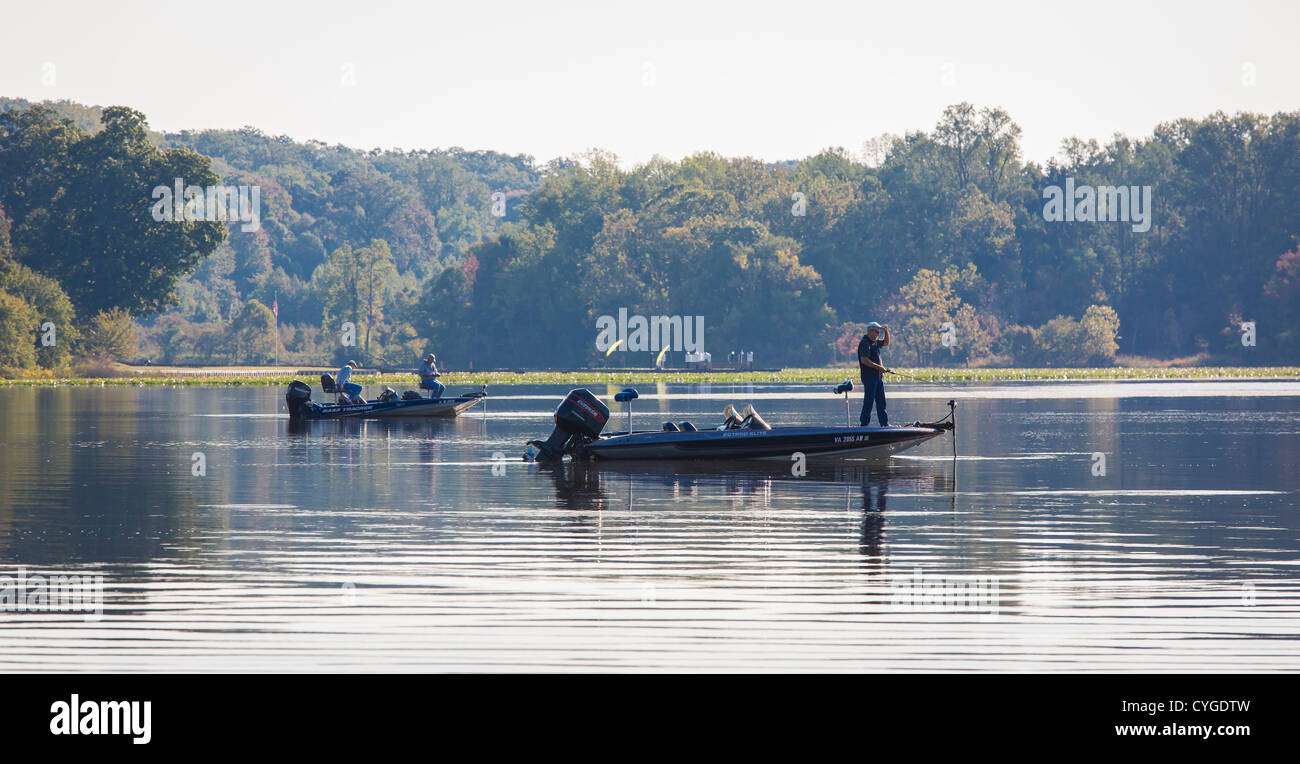 OCCOQUAN, VIRGINIA, USA Fishing from boat on Occoquon River Stock