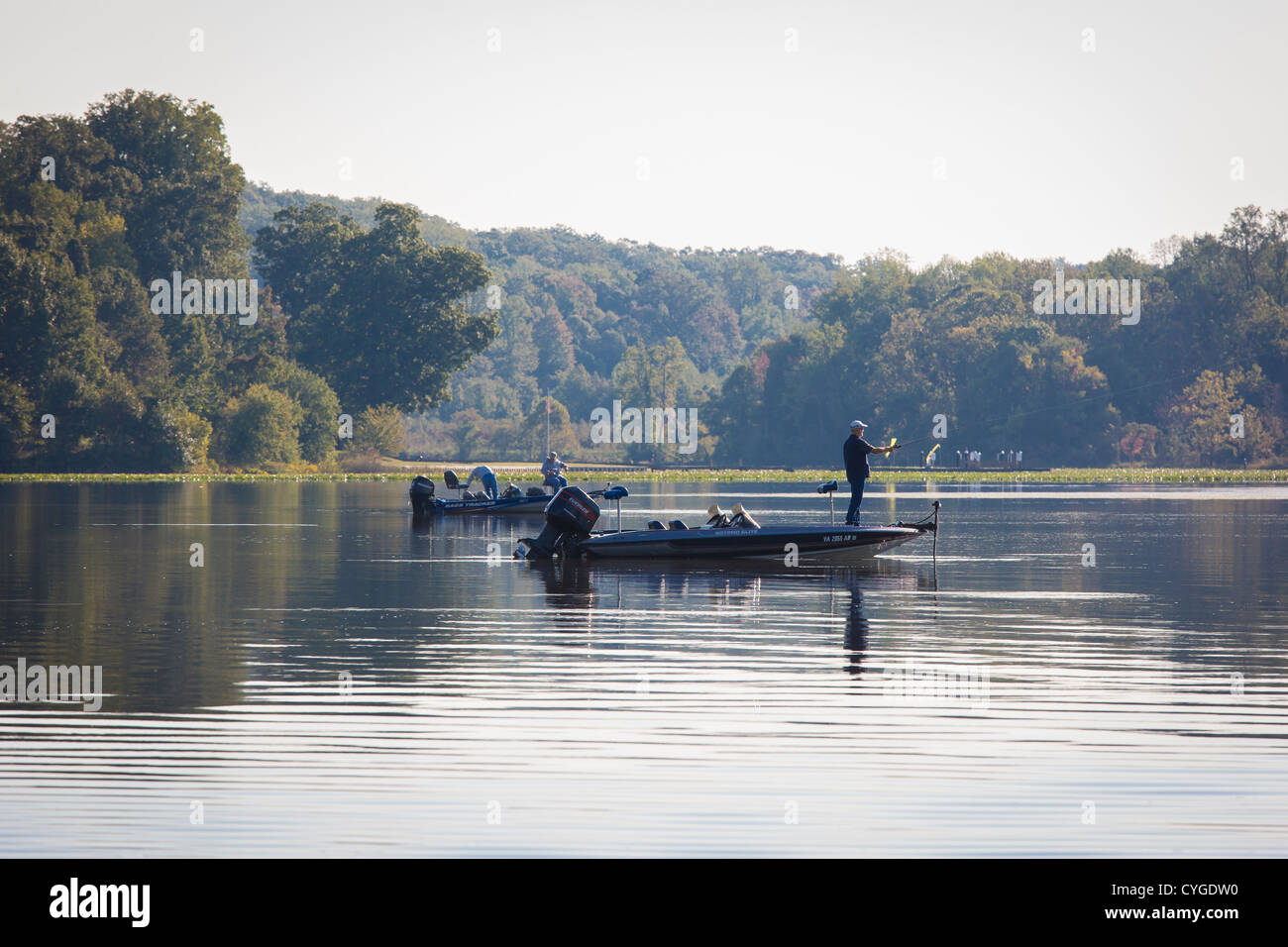 OCCOQUAN, VIRGINIA, USA Fishing from boat on Occoquon River Stock