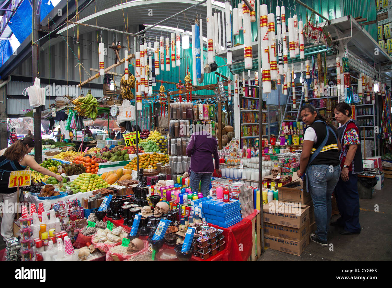 Candle, Incense and mixed stall selling goods for at Jamaica Market in Mexico City DF Stock Photo