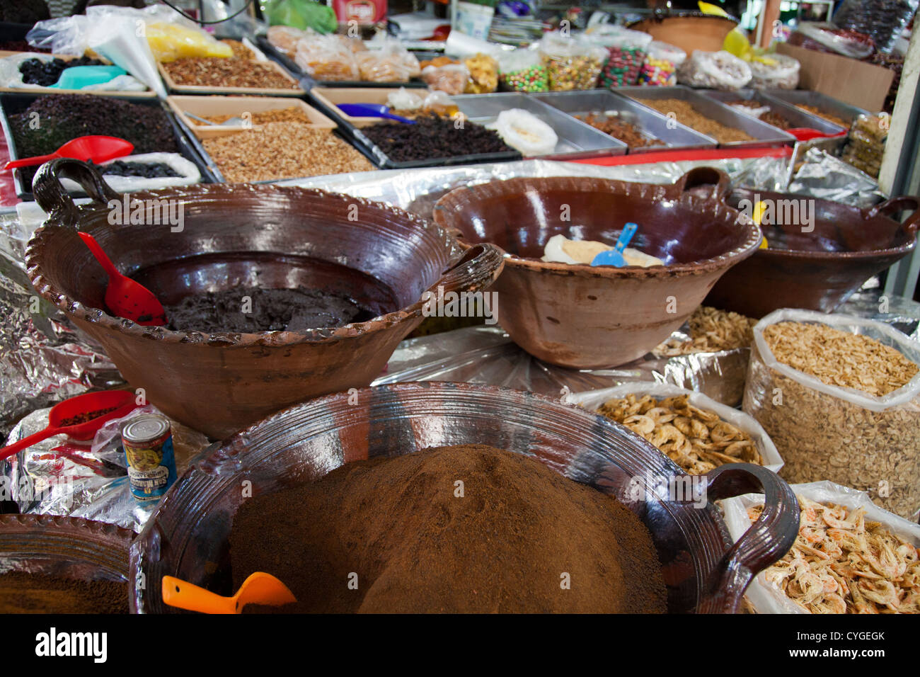 Mole Pastes and Powders for sale at Stall in Jamaica Market in Mexico City DF Stock Photo