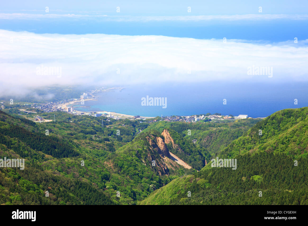 View of a group of mountains and the coast in Sado, Niigata Prefecture, Japan Stock Photo