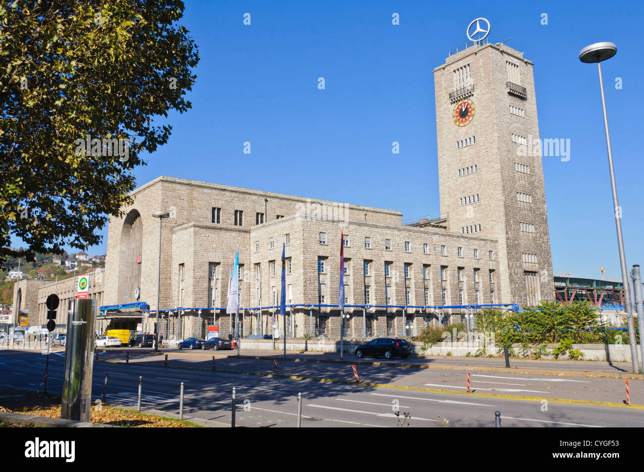 Stuttgart Main Train Station building, tower with clock and Mercedes ...