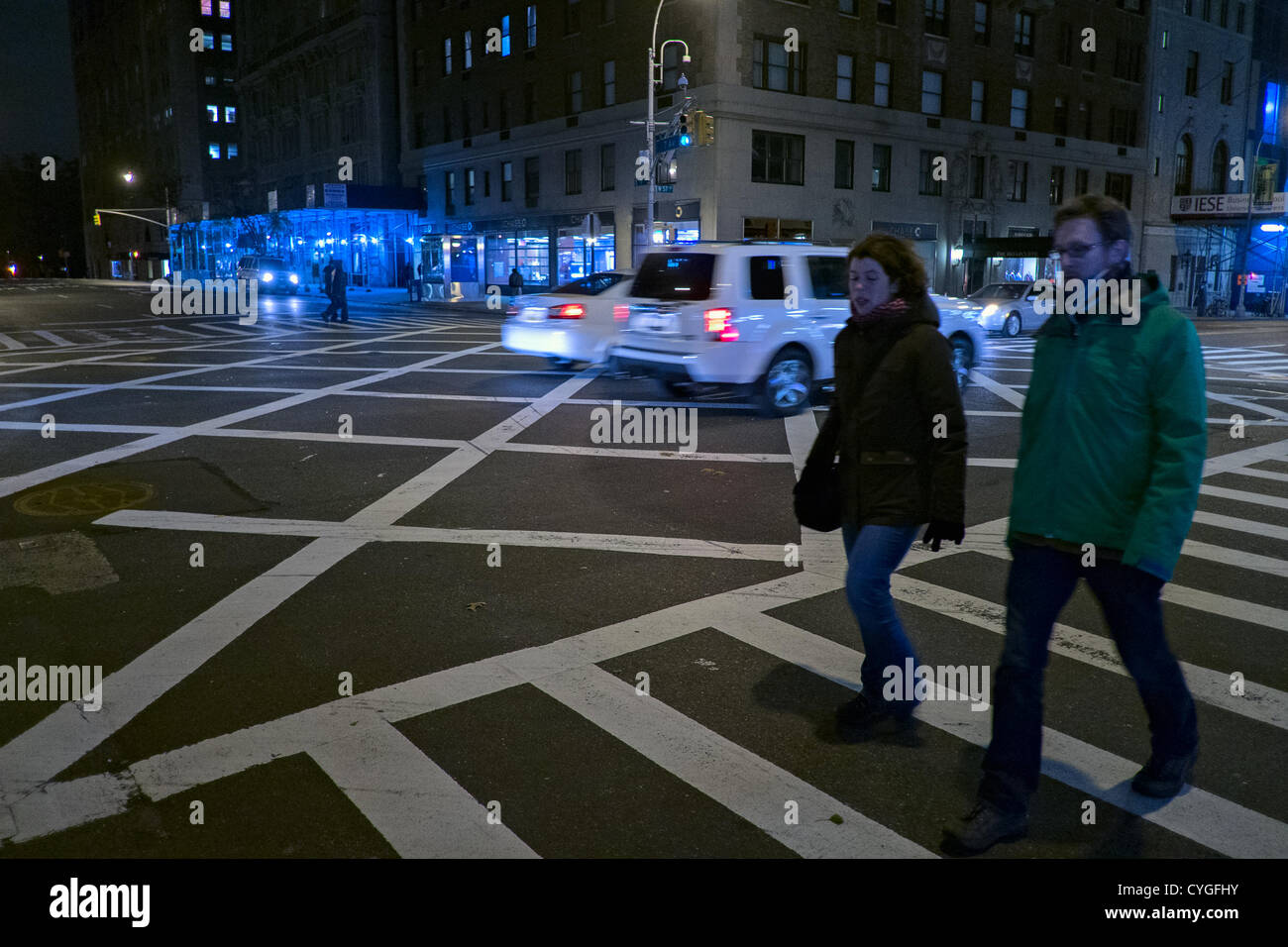 November 4, 2012, New York, NY, US.  Traffic moves through the intersection of West 57th Street and 7th Avenue in Manhattan for the first time in nearly a week.  The intersection was reopened this evening after the area was closed due to safety concerns following the collapse of a high-rise construction crane during Hurricane Sandy. Stock Photo