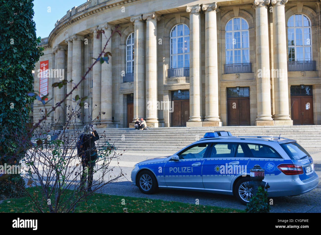 German Mercedes Benz police patrol vehicle in front of the State Theatre Stuttgart Baden-Wuerttemberg South Germany Stock Photo