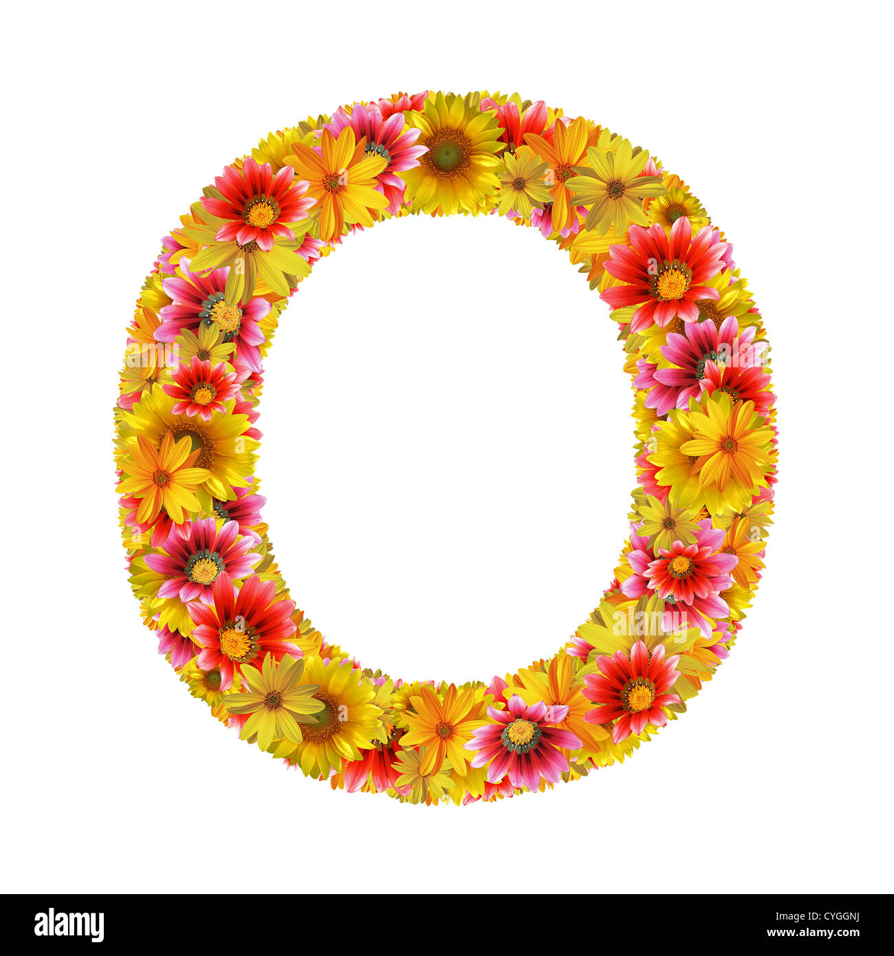 Letter O created of flowers isolated on white background (with clipping