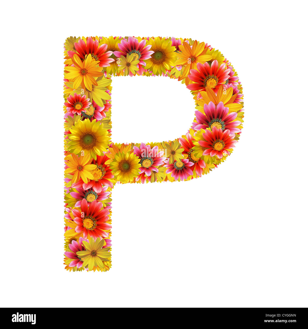 Letter P created of flowers isolated on white background (with clipping