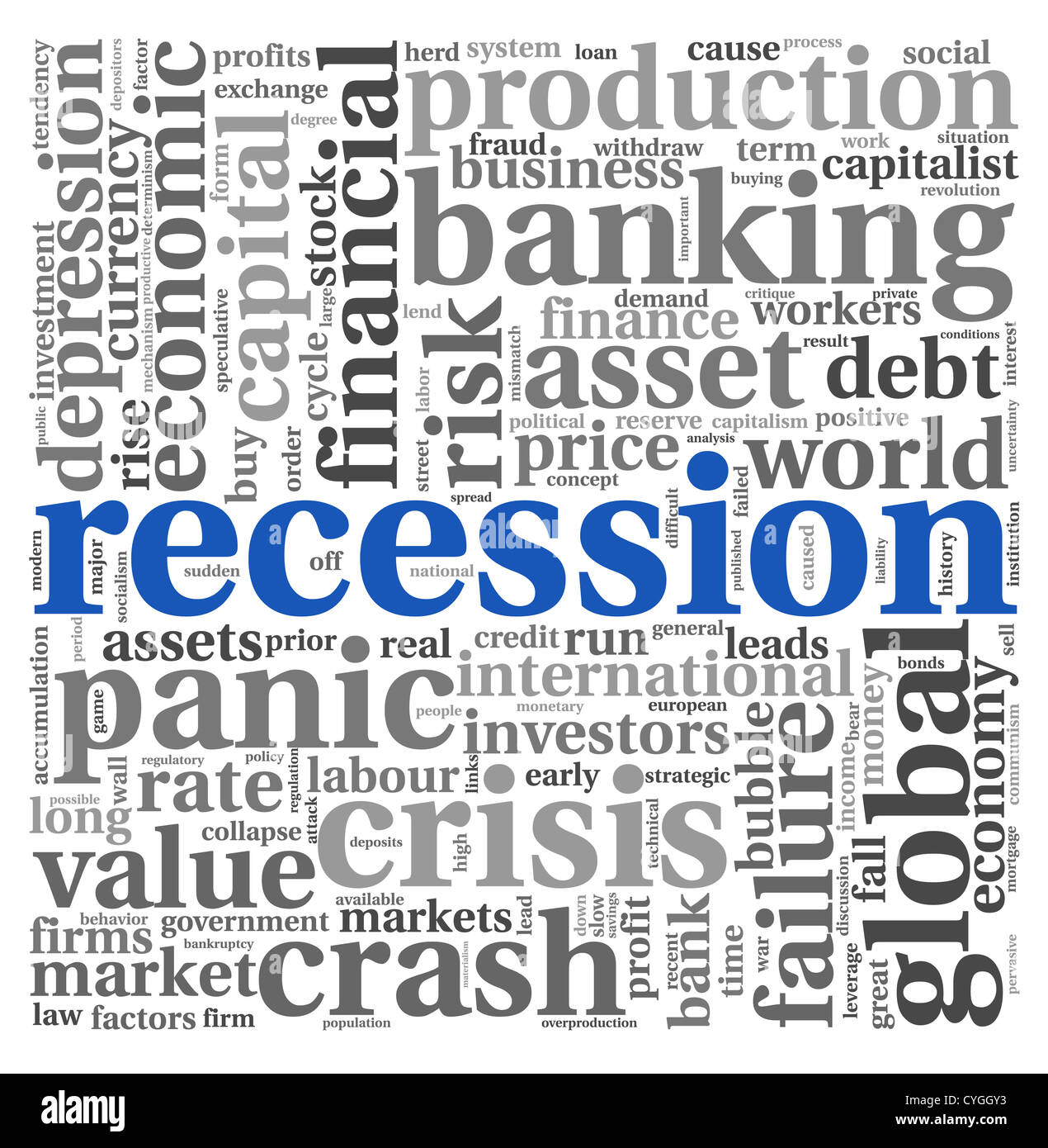 Recession and crisis concept in wort tag cloud on white background Stock Photo