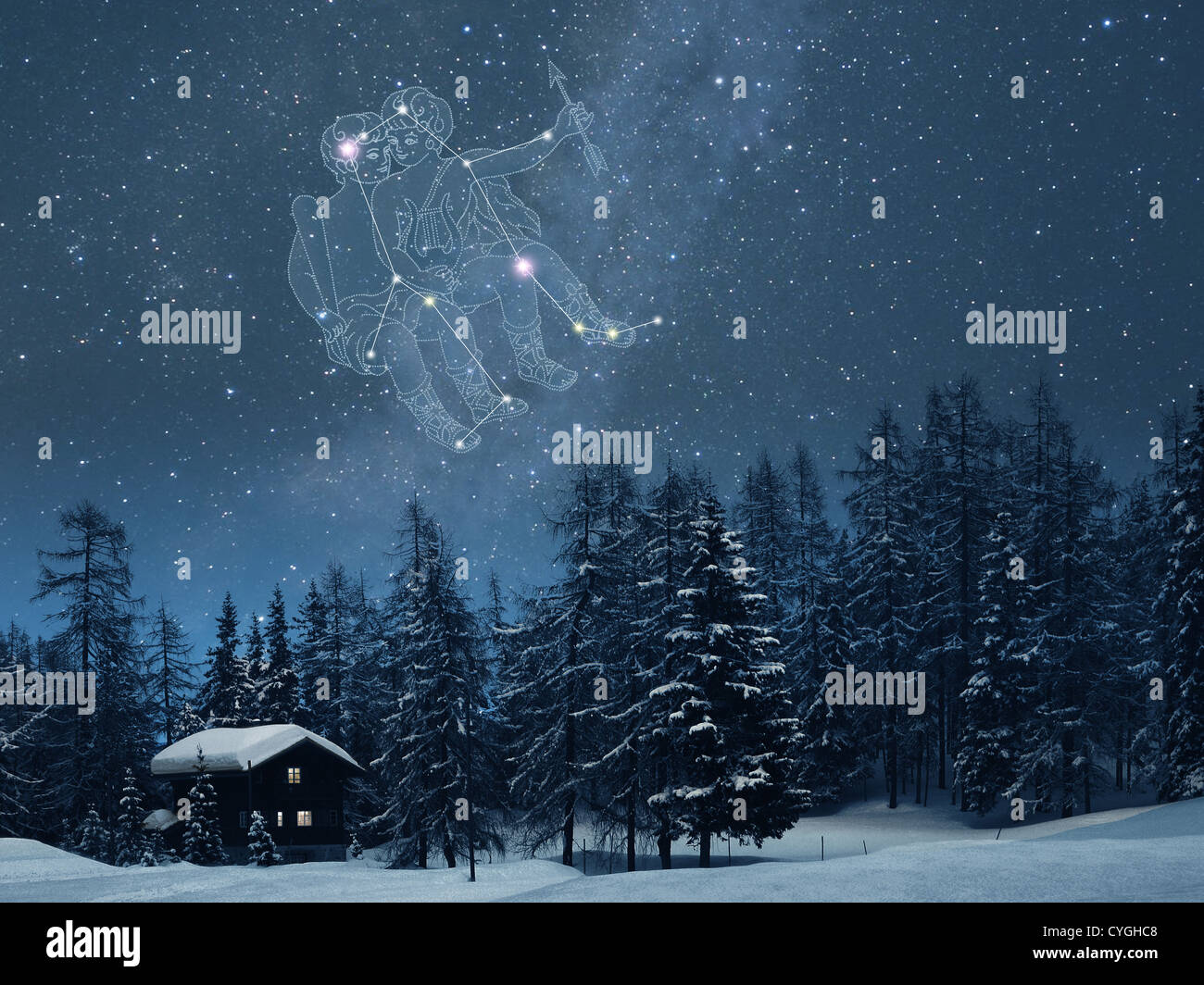 Gemini constellation in the snowy Switzerland Stock Photo