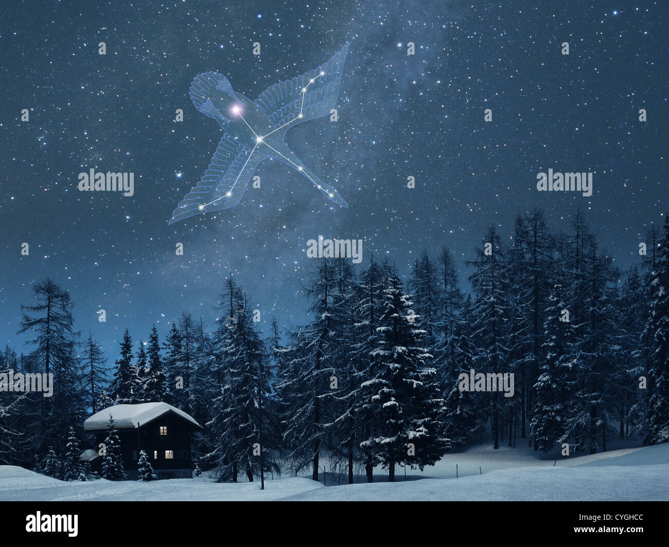 Cygnus constellation in the snowy Switzerland Stock Photo