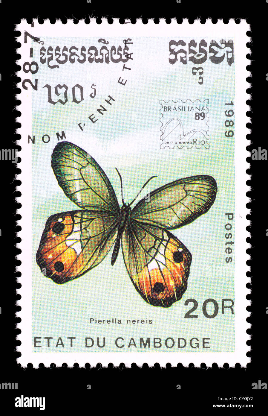 Postage stamp from Cambodia depicting a tropical butterfly (Pierella nereis ) Stock Photo