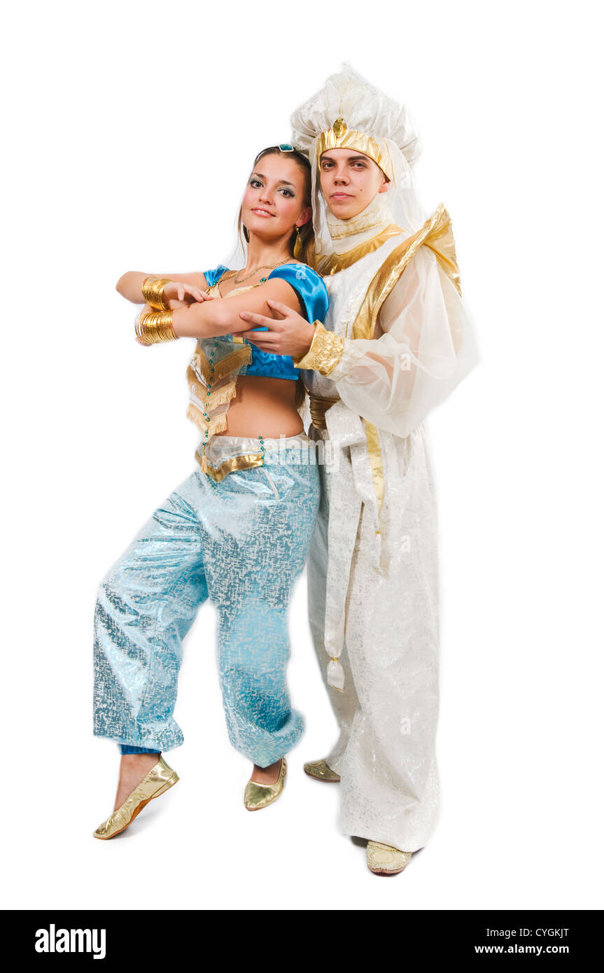Aladdin and Jasmine - man and woman wearing costume of Arabian Nights prince and princess Stock Photo