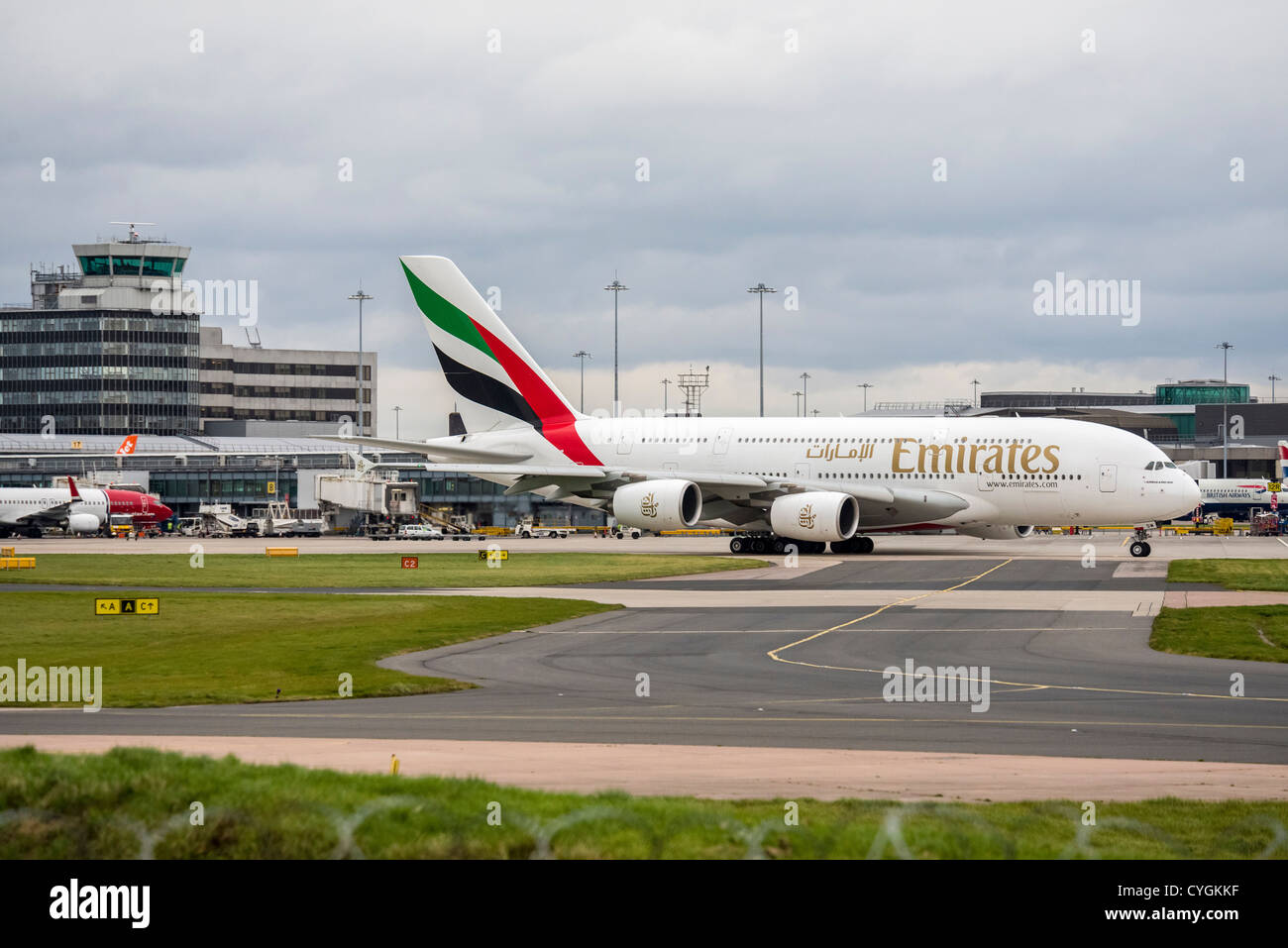 Emirates Airbus A380 at Manchester airport. Stock Photo