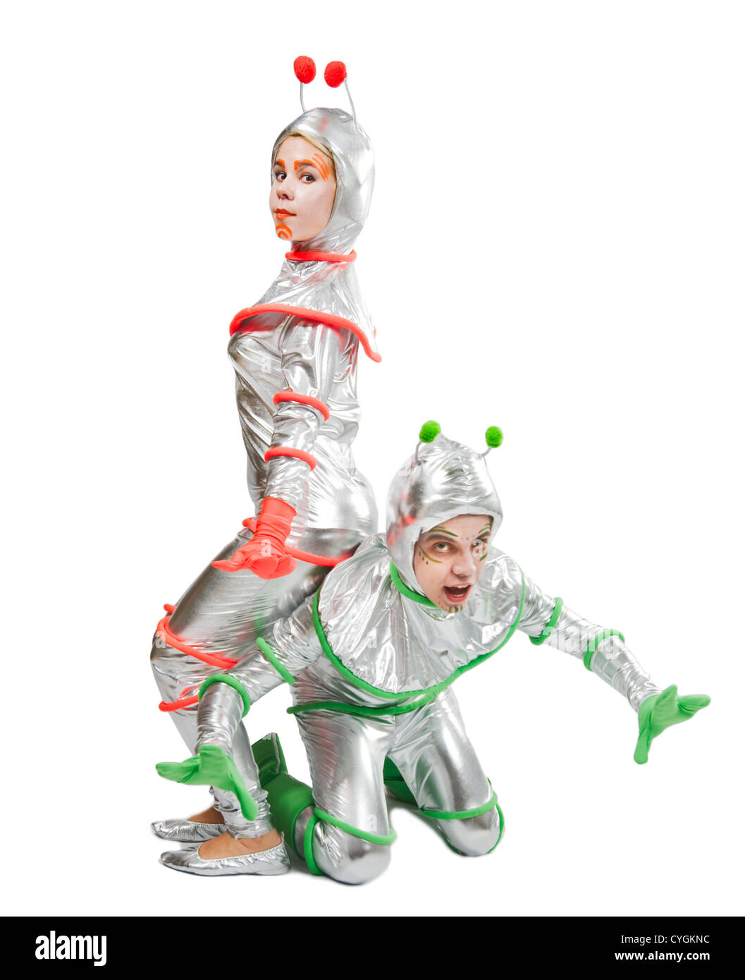 Extraterrestrial being. Aliens. Two Persons wearing costume of funny alien Stock Photo