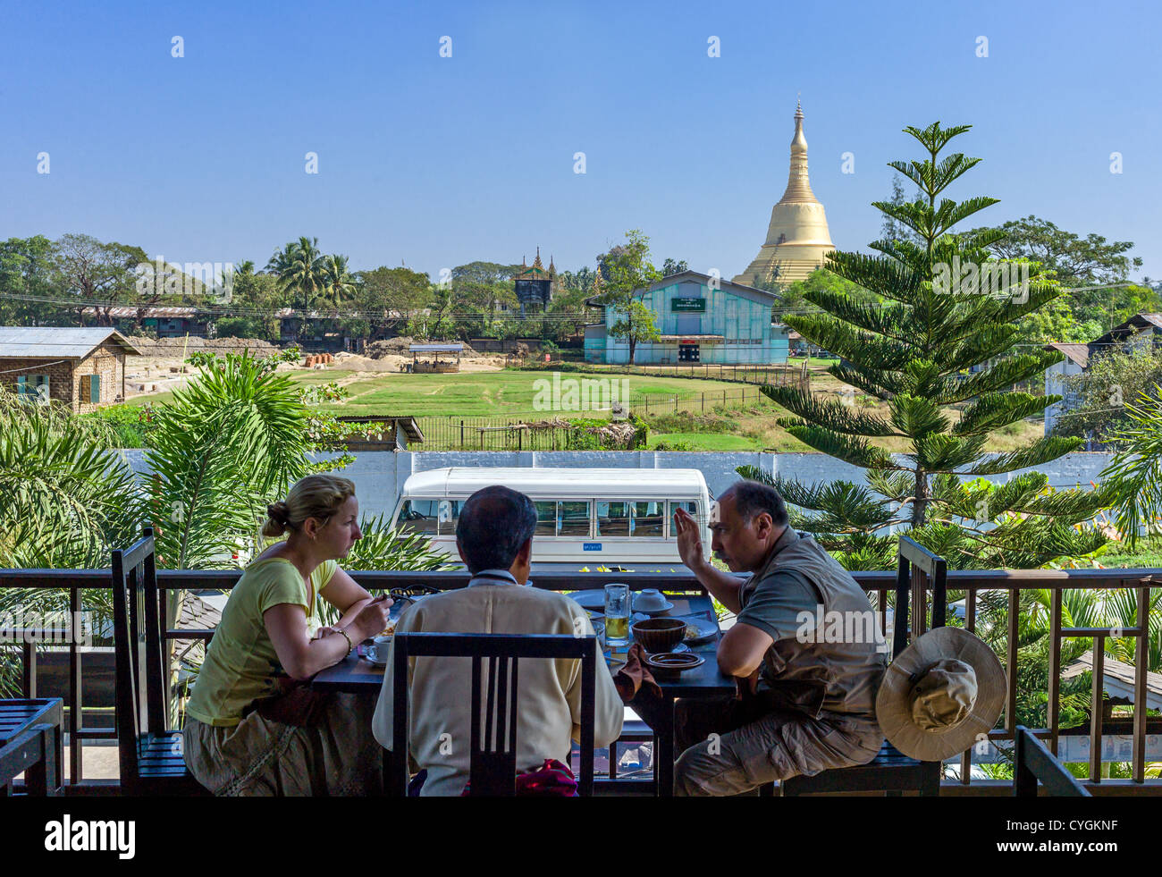 Myanmar, Bago, the Shwemawdaw Paya pagoda seen fron a touristic restaurant. Stock Photo