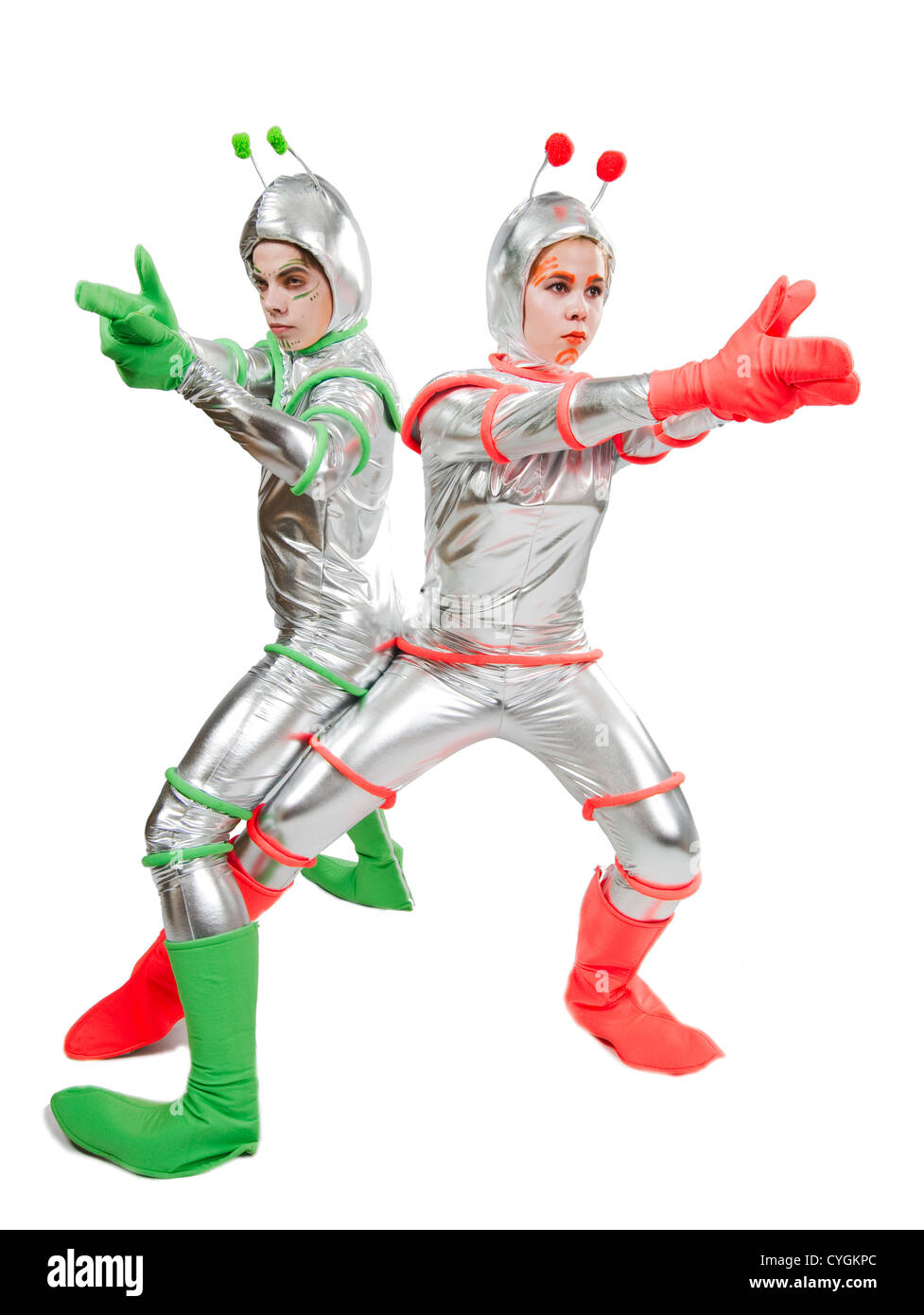 Extraterrestrial being. Aliens. Two Persons wearing costume of funny alien Stock Photo