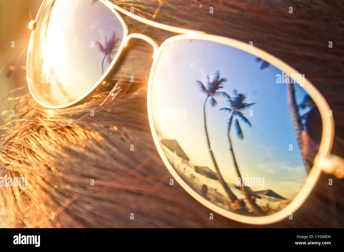 concepts of tropical vacations or holidays, reflection of palm tree on sunglasses. Stock Photo