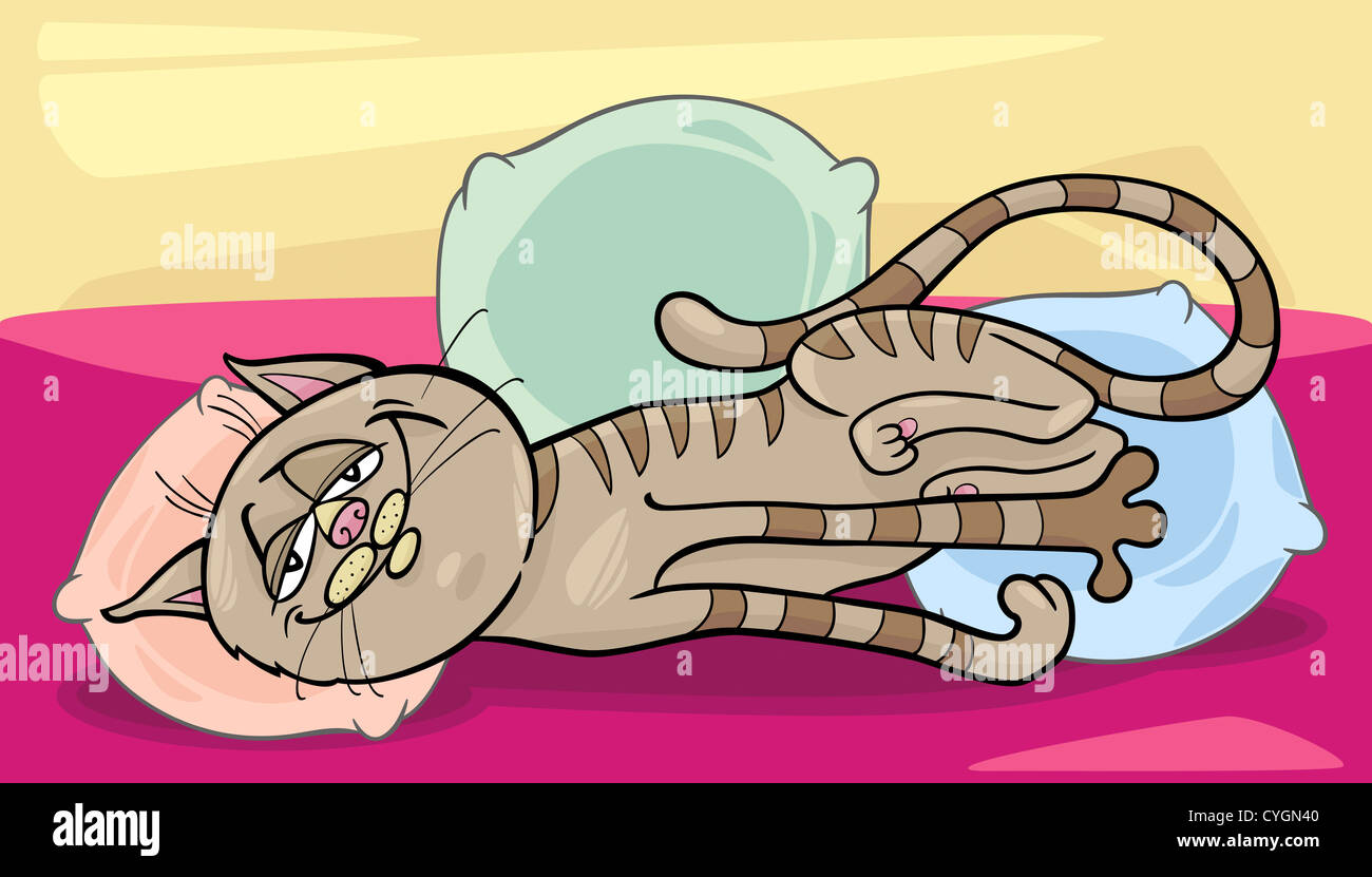 Cartoon Illustration of Happy Sleepy Tabby Cat on the Bed with Pillows Stock Photo