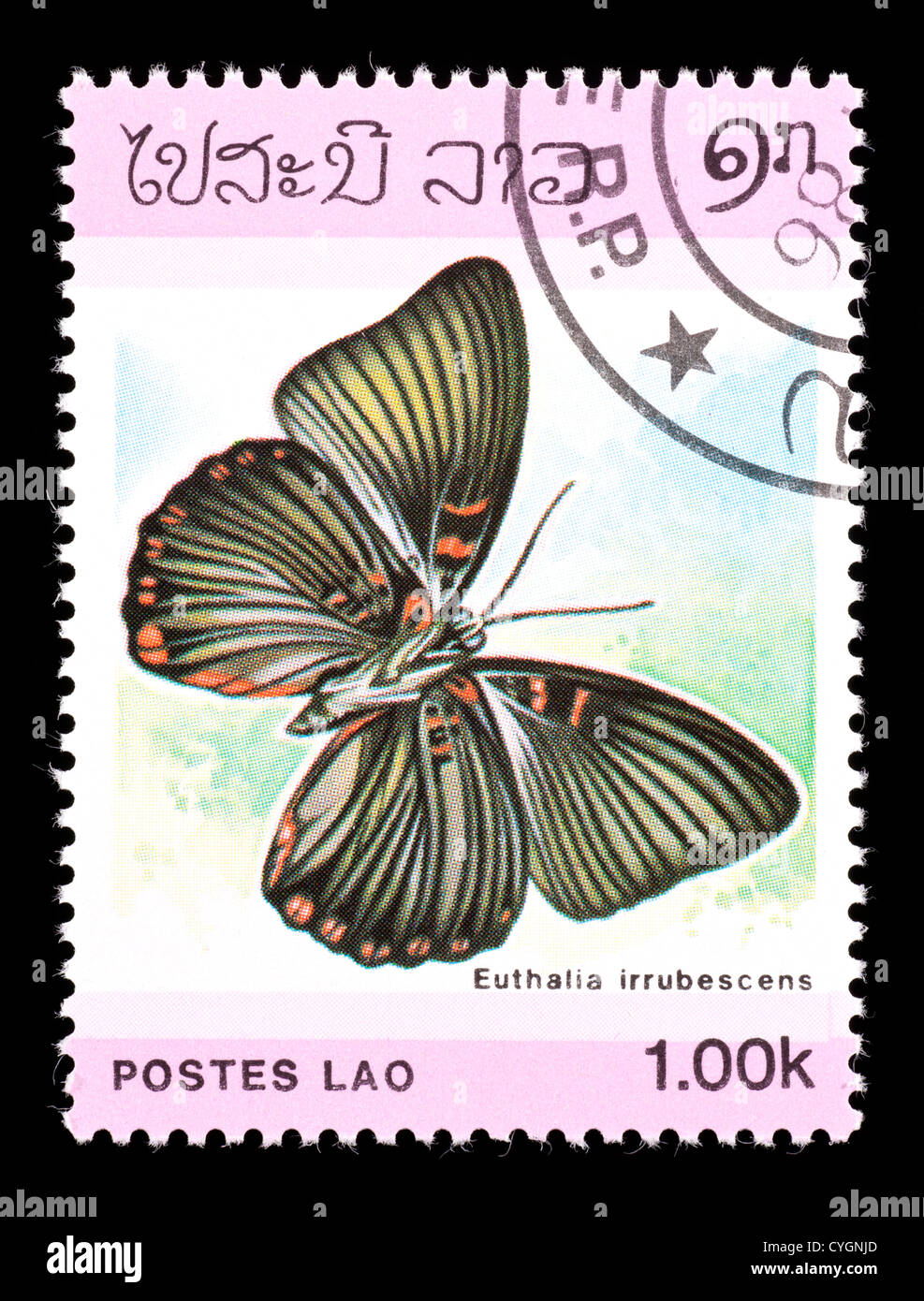 Postage stamp from Laos depicting depicting a tropical butterfly (Euthalia irrubescens) Stock Photo