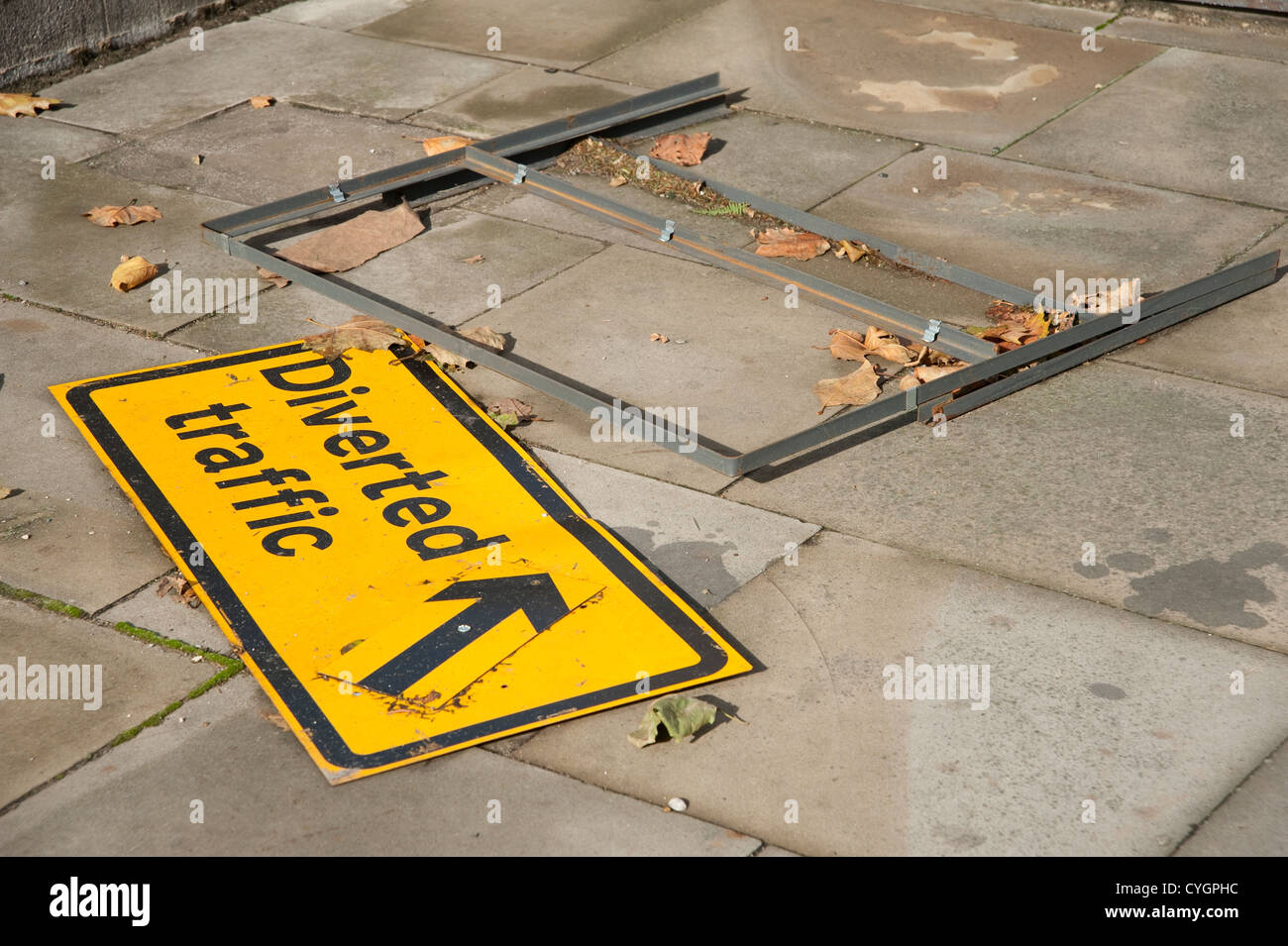 Collapsed Diverted traffic sign Stock Photo