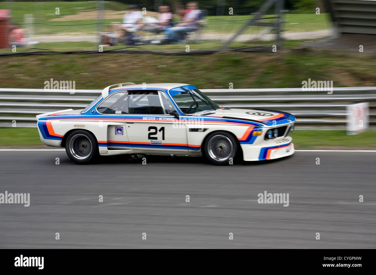 A historic BMW CSL touring car racing at Brands Hatch. Stock Photo