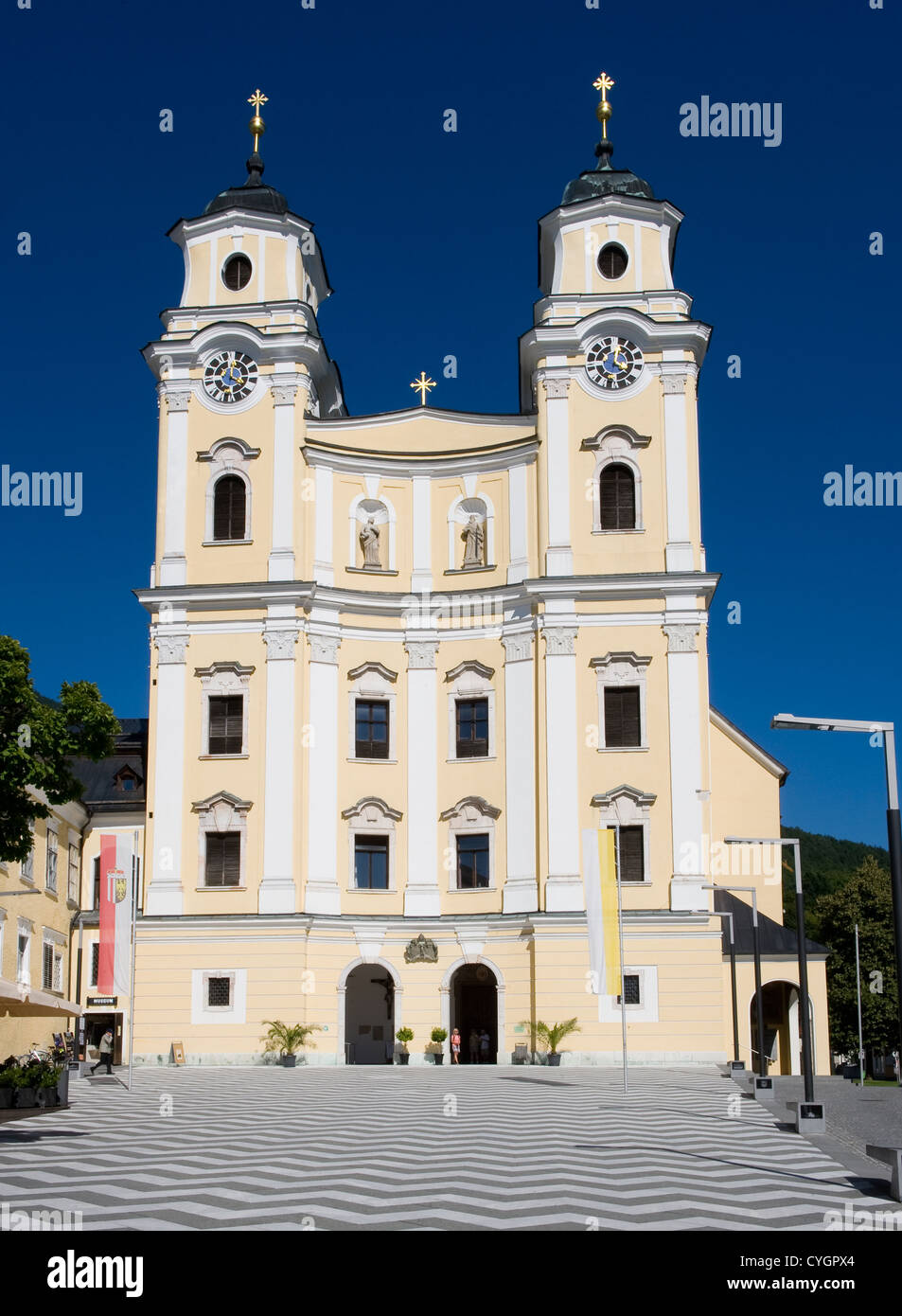 The exterior of the collegiate church in the city of mondsee in Austria. The wedding scenes from the hollywood movie 'The Sound Stock Photo