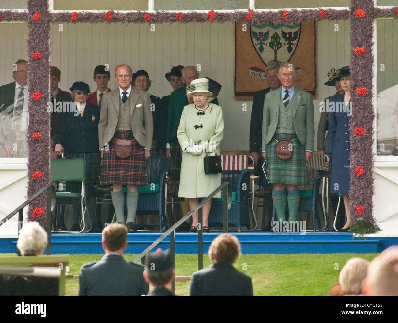 Queen, Duke of Edinburgh and Prince Charles at the Braemar Gathering, Aberdeenshire, Scotland Stock Photo
