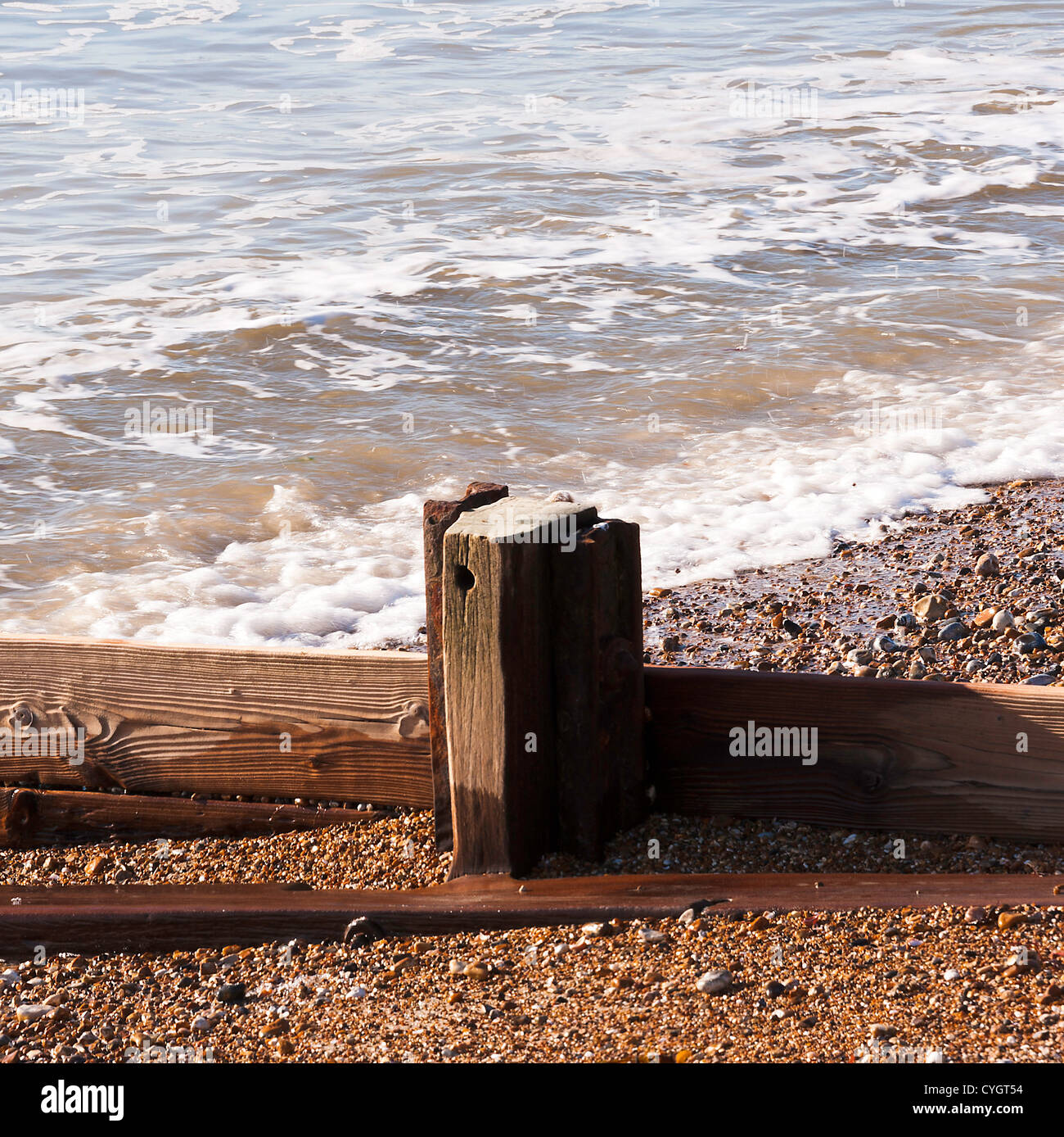 Closeup of Groyne Sea Defence with Waves on Englaish South Coast at Aldwick Bognor Regis West Sussex England UK Stock Photo