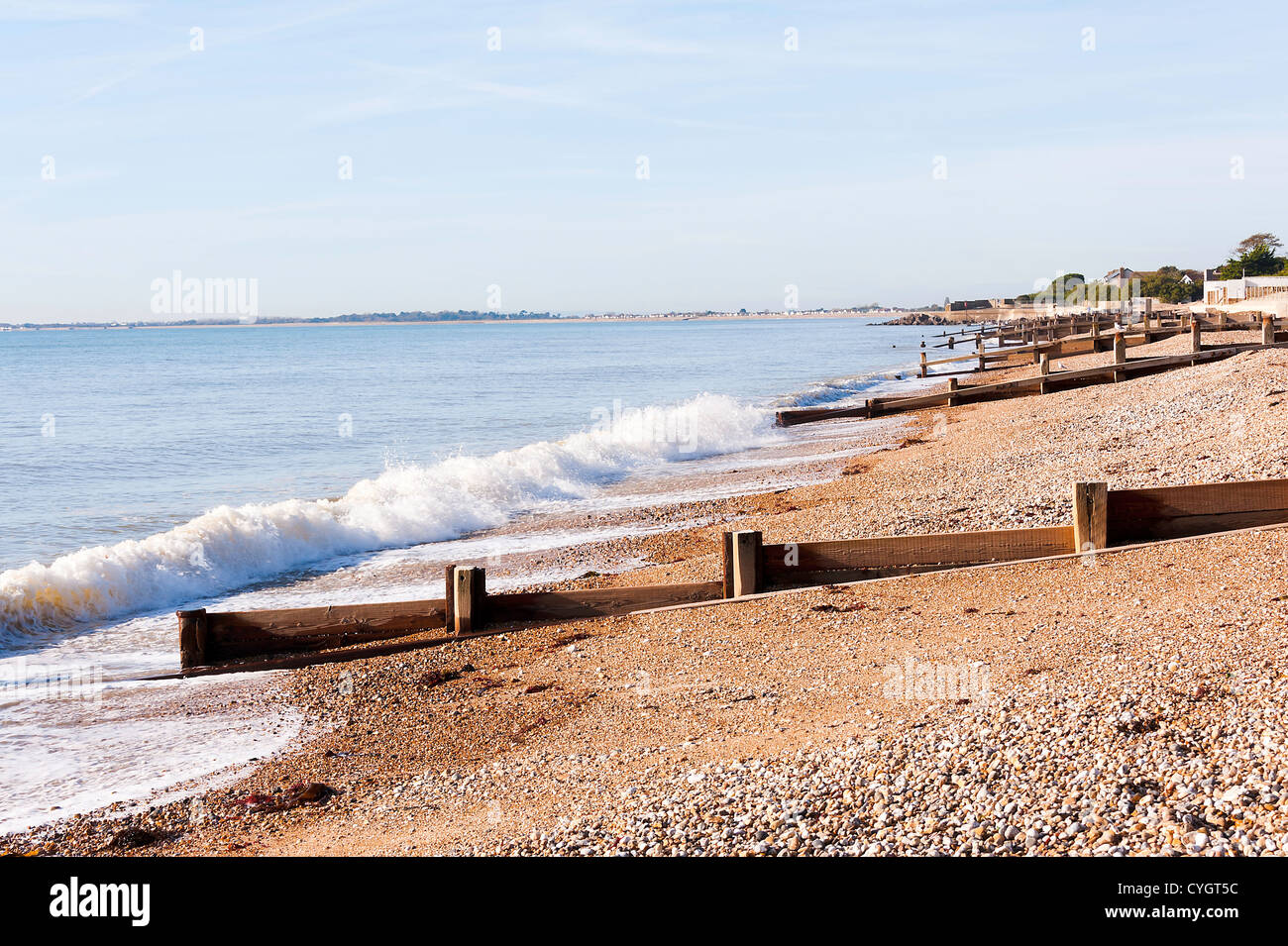 Aldwick Beach at Bognor Regis with Groynes, English Channel and Tideline West Sussex England United Kingdom UK Stock Photo