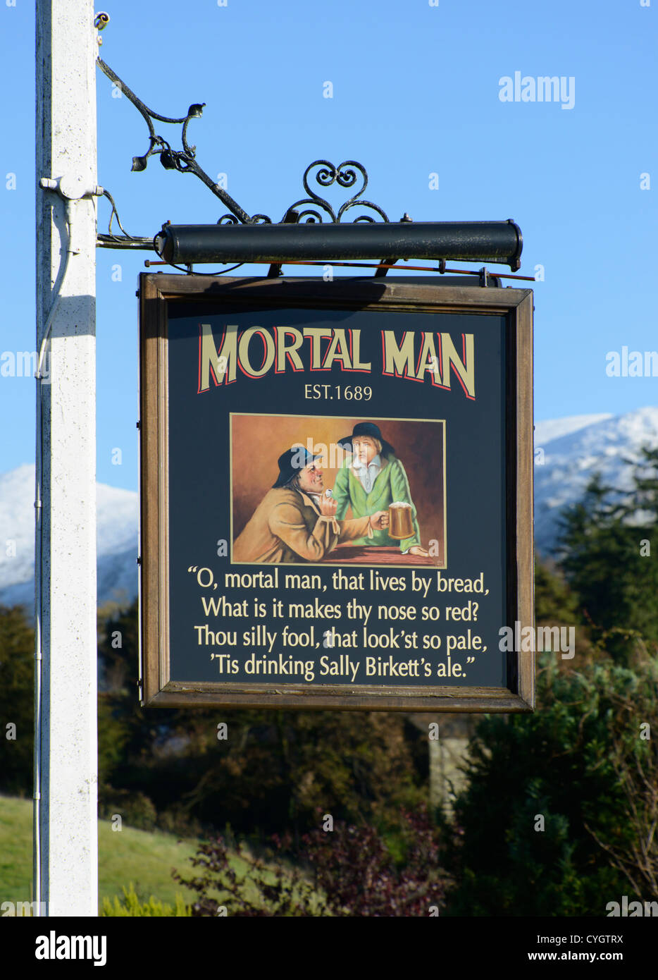 Inn sign, The Mortal Man Inn. Troutbeck, Lake District National Park