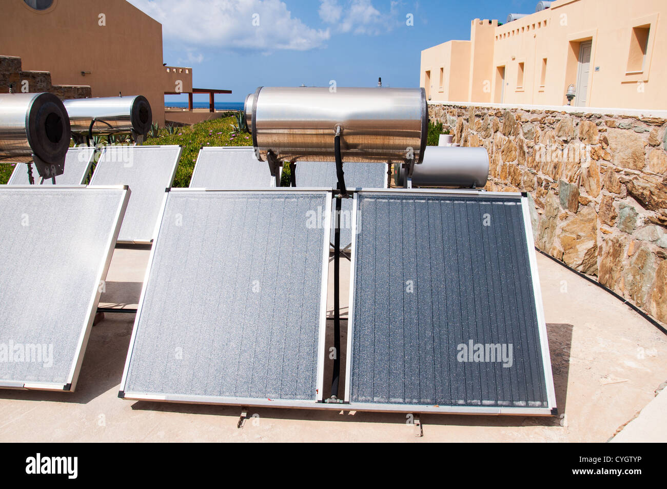 Solar water heater on roof Stock Photo