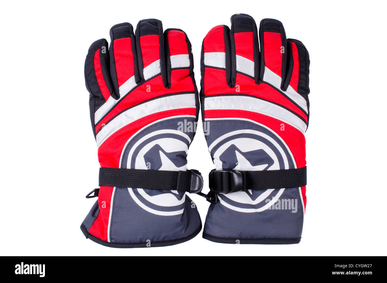 Pair of red white grey ski gloves isolated Stock Photo