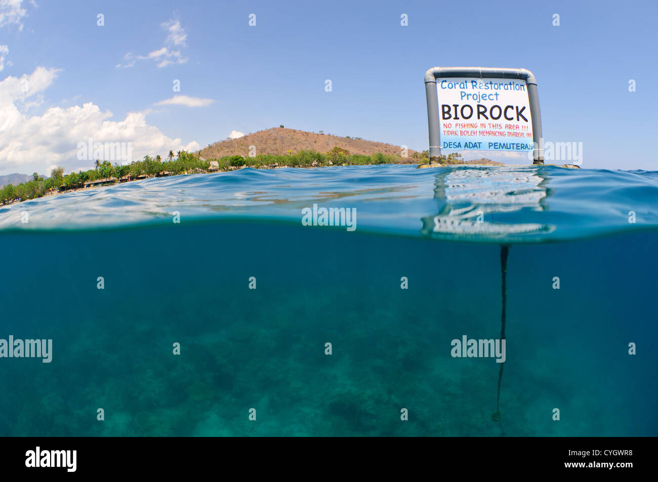 Sign declaring the Pemuteran Biorock Coral Restoration Area as a no-fishing area, Pemuteran, Bali, Indonesia. Stock Photo
