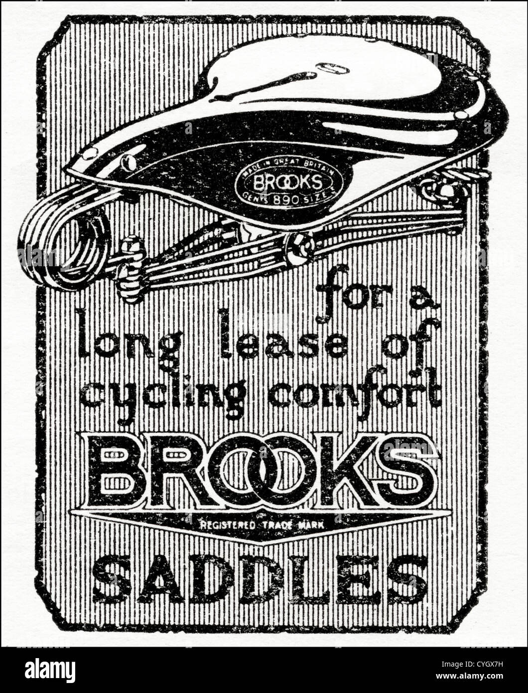 Original 1920s vintage print advertisement from English magazine advertising bicycle saddles by Brooks Stock Photo