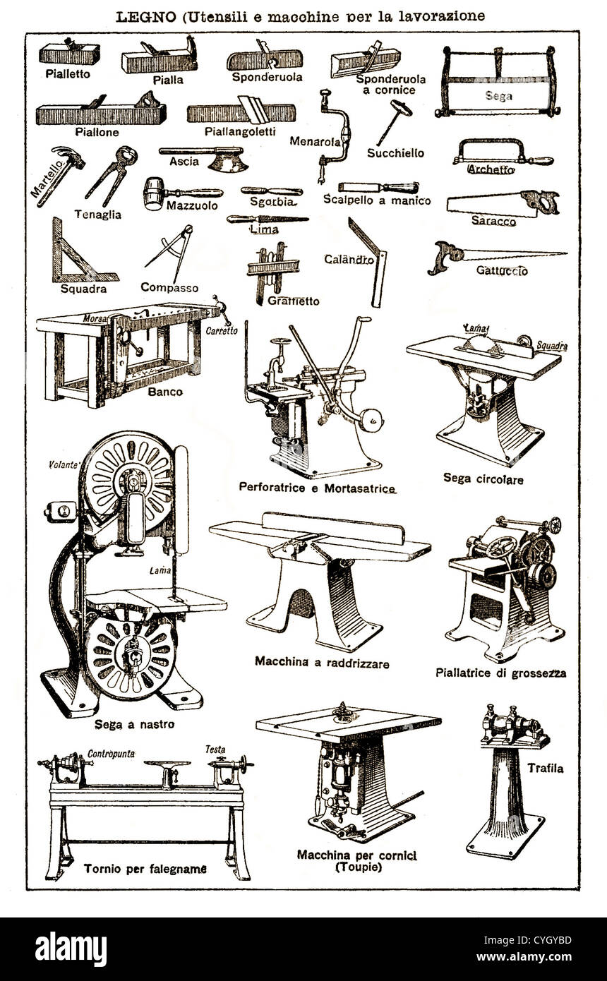 Vintage black and white table: joinery, carpentry, tools and equipments Stock Photo