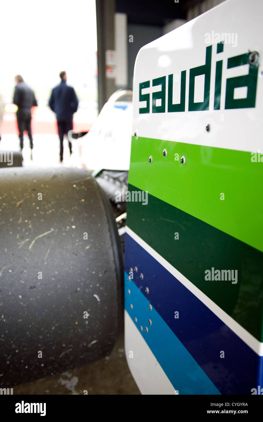 The slick tyre and rear spoiler of a Saudia sponsored racing car. Stock Photo